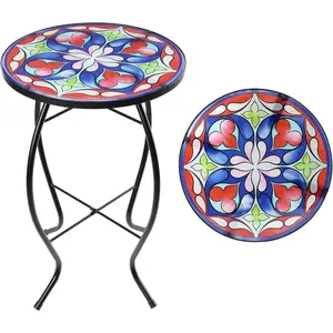 Side Patio Tables-Mosaic Outdoor Side Table - 14’’ Symmetrical Pattern Glass Accent Round End Table, Plant Stand Indoor Small Coffee Table for Garden or Living Room Decor