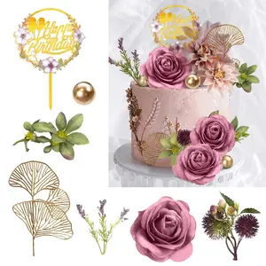 12PCS Flower Cake Toppers, Happy Birthday Gold Cake Decorations with Artificial Flowers Balls for Wedding Birthday Party Supplies