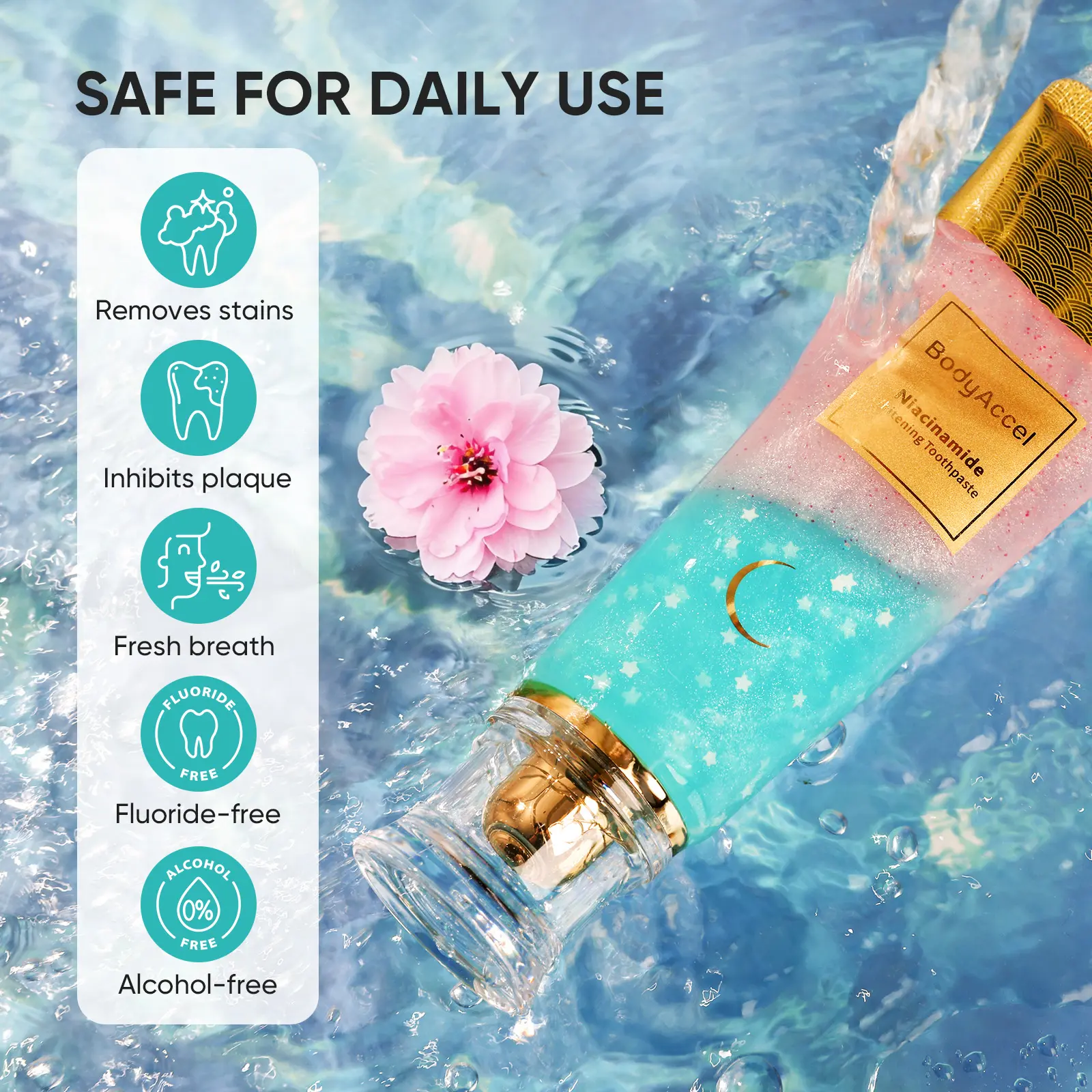 【V】BodyAccel Niacinamide【Triple Whitening】Toothpaste for Daily Fresh Breath & Stain Removal, Fluoride-Free, 3.5oz