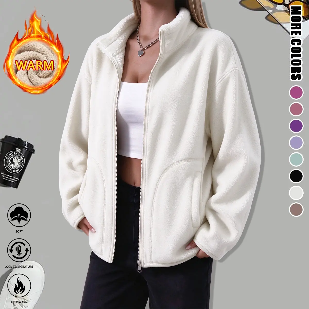 Women’s casual solid-color plush jacket with pockets, front zipper closure, stand collar, suitable for autumn and winter; soft zip-up jacket, women’s outerwear, womenswear