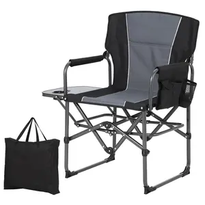 Oversized Folding Director Camping Chair,1 Pcs Heavy Duty Portable Outdoor Chair with Aluminum Side Table & Pocket, for Fishing, Sports Events, Black