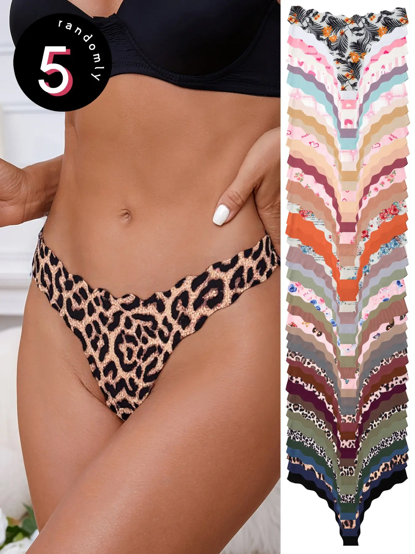 Random Pack 5/7/10 Pieces Leopard Print Seamless Wave Decor Triangle Panties, Sexy Thong Comfortable Fit Breathable Elastic Underwear, Breathable Stretch Panties, Elastic Undergarments