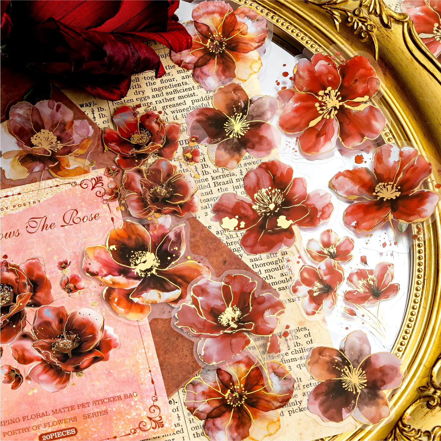 120 retro gold-embossed floral stickers, exquisite PET material floral stickers, suitable for planners, decorations, envelopes, phone cases and DIY handicrafts