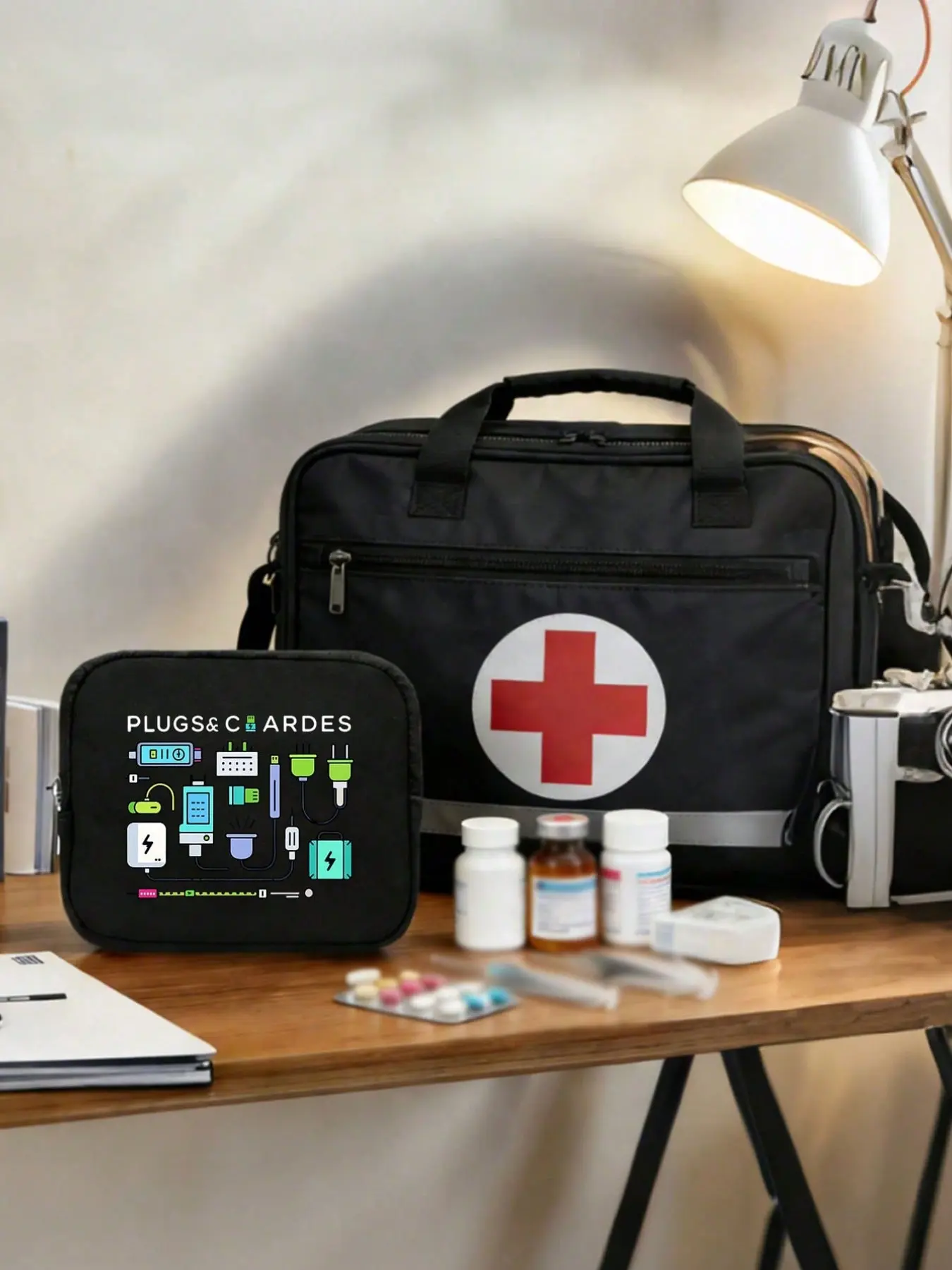 Portable travel medical kit, printed with lightning charger pattern, portable camping medicine bag, compact first aid kit, travel and home portable storage bag version, small medicine bag, convenient medicine set, emergency kit