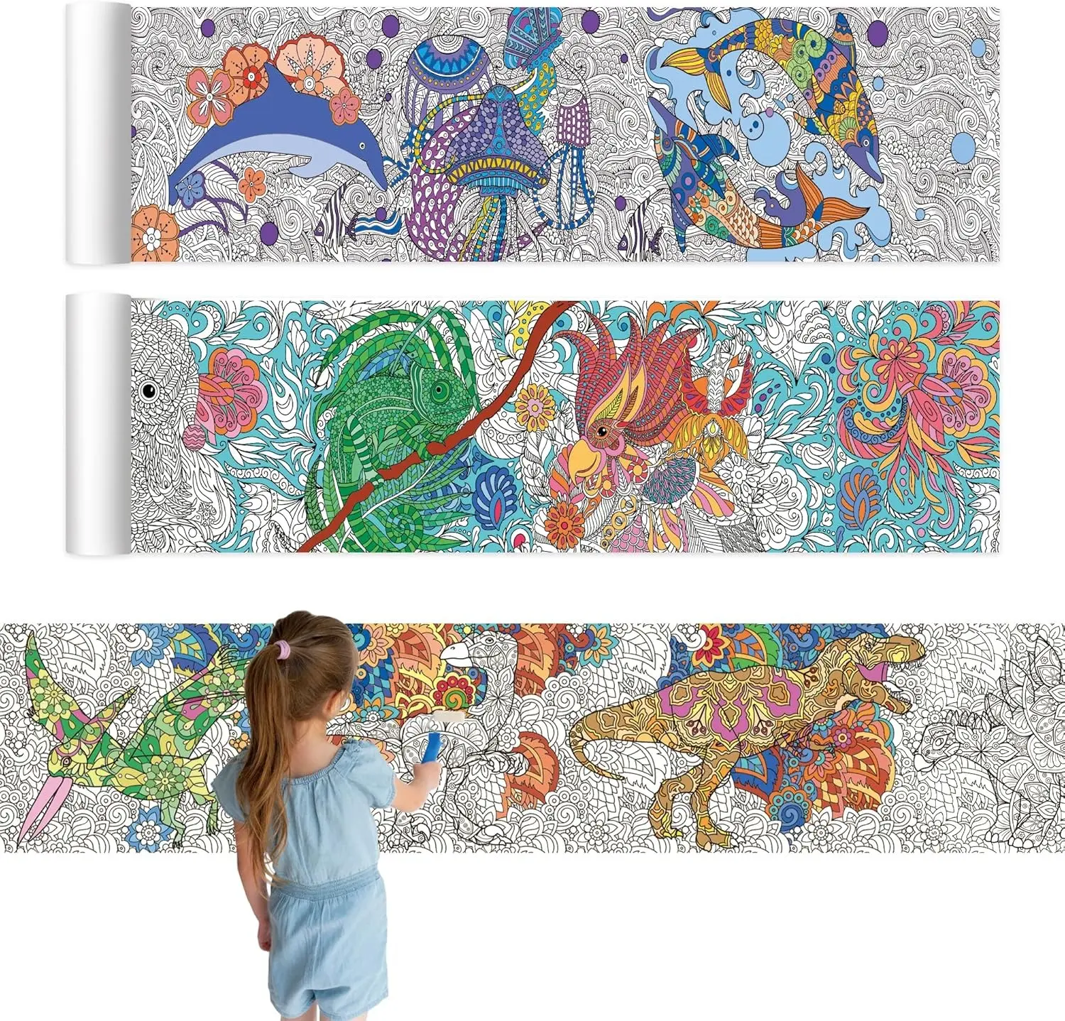 3PCS Mandala Giant Coloring Posters, 118" x 11.8" Mandala Animals Jumbo Drawing Rolls, Large Coloring Paper Rolls with Huge Animal Pattern for Adult Stress Relieving Art Activity