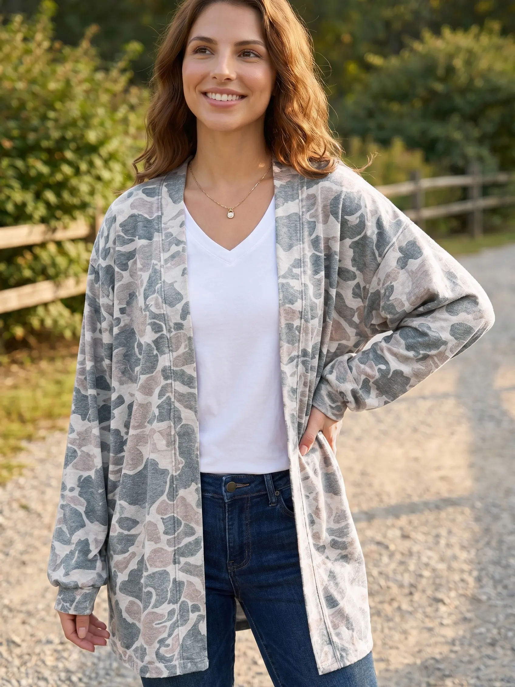 Cozy Camo Vibes! Aesthetic Oversized Open Front Cardigan for Women | Trendy Streetwear Casual Lightweight Jacket Drop Shoulder