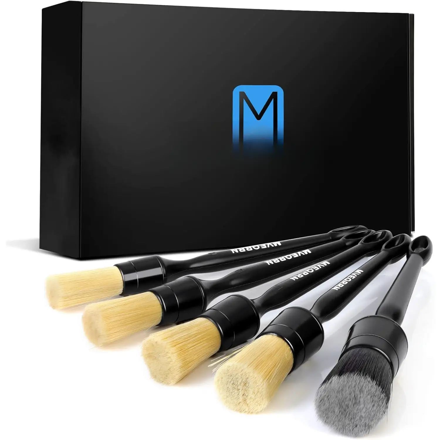 Natural Boar Hair Car Detailing Brushes Set - 4 Assorted Sizes Ultra Soft Tools, 1 Duster for Automotive Interior Cleaning (Dashboard, Leather Seats)