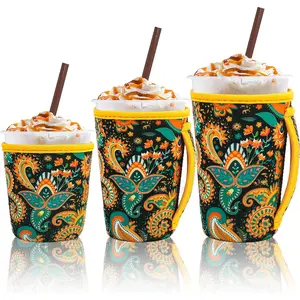 3 Pack  Iced Coffee Sleeves for 16-32 ounces of hot or cold coffee or iced beverages  Neoprene Insulated Sleeve for Hot and Cold Drinks from , Dunkin And More (Yellow Paisley)