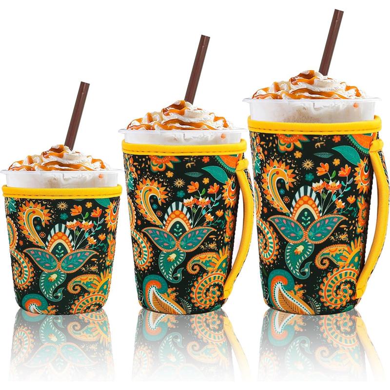 3 Pack  Iced Coffee Sleeves for 16-32 ounces of hot or cold coffee or iced beverages  Neoprene Insulated Sleeve for Hot and Cold Drinks from , Dunkin And More (Yellow Paisley)