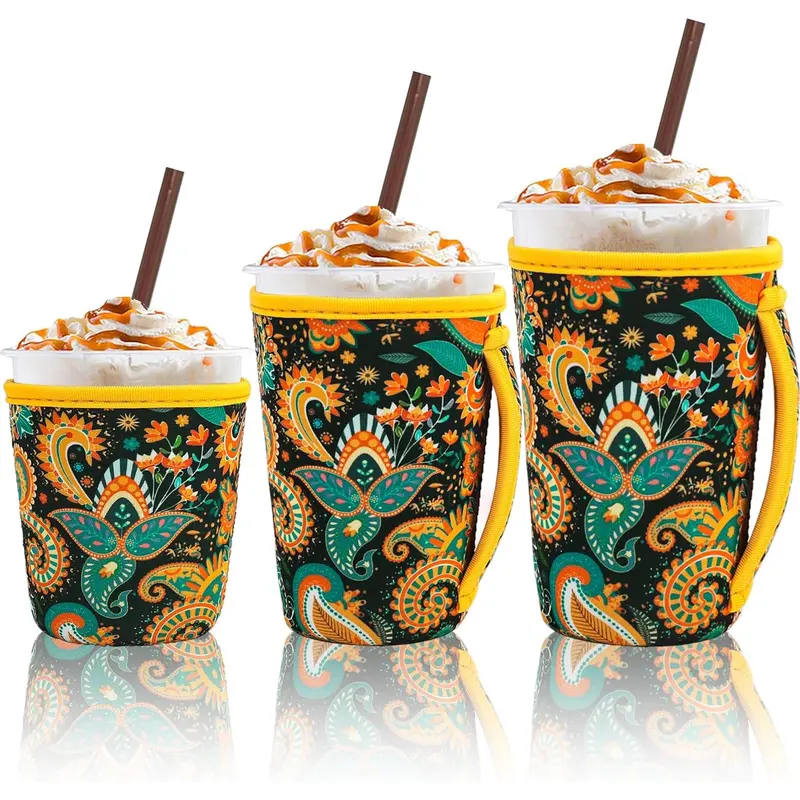 3 Pack  Iced Coffee Sleeves for 16-32 ounces of hot or cold coffee or iced beverages  Neoprene Insulated Sleeve for Hot and Cold Drinks from , Dunkin And More (Yellow Paisley)
