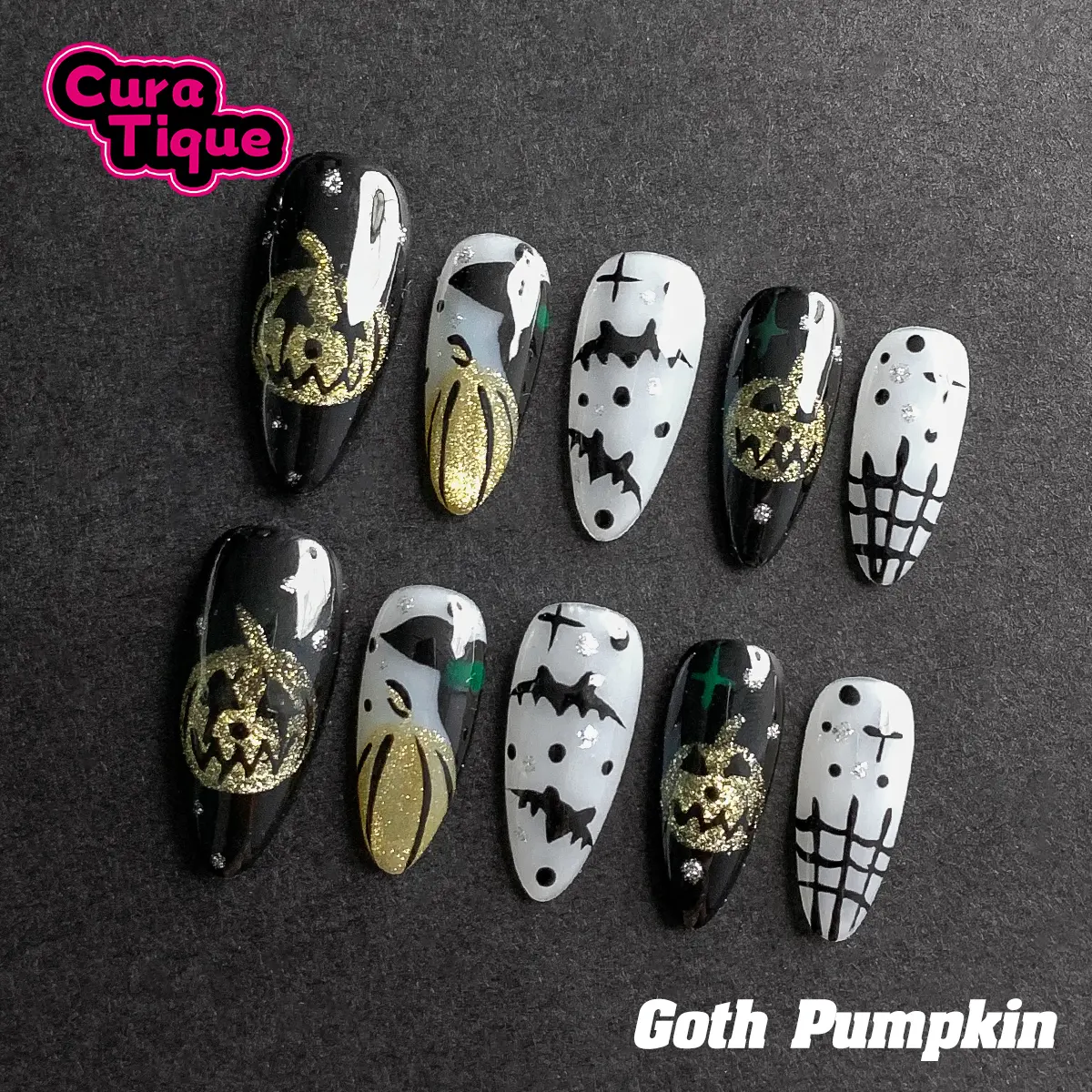 CuraTique | Goth Pumpkin Nails 10PCS Handmade Press On Nails REUSABLE 3D Gel spring/summer 2025 / Prom
