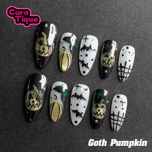 CuraTique | Goth Pumpkin Nails 10PCS Handmade Press On Nails REUSABLE 3D Gel spring/summer 2025 / Prom