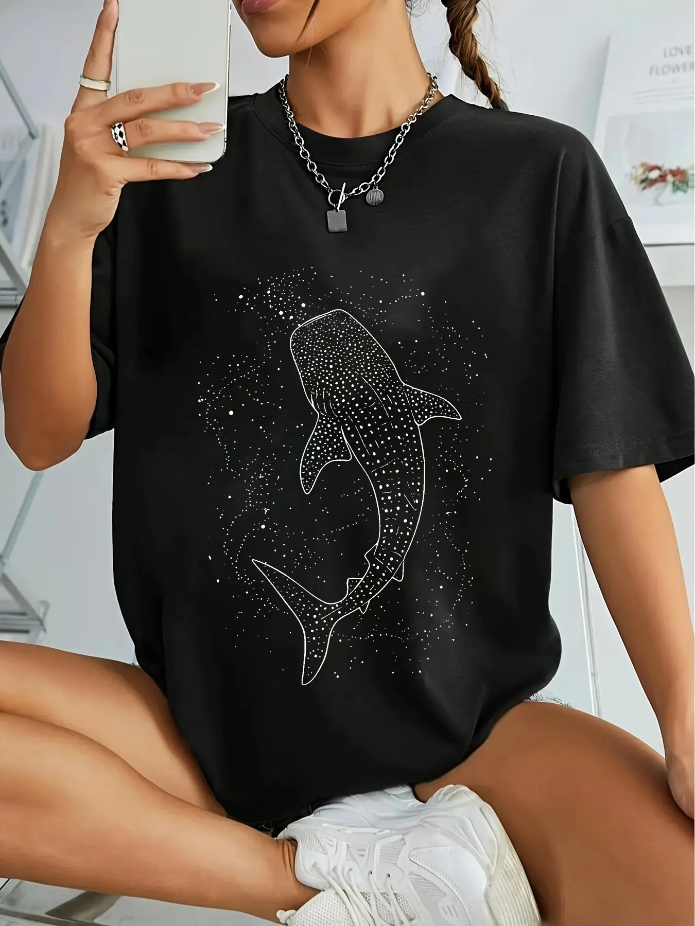 Women's Cotton Starry Graphic Marine Life T-Shirt - Black Short Sleeve Crew Neck, Regular Fit, Lightweight Everyday Casual Wear, Durable Print, Machine Washable, Street Style, Summer Essential