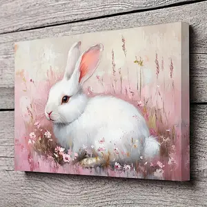 Charming Retro White Bunny Canvas Art - Framed Wall Print with Wooden Frame, Perfect for Home Decor & Gifts on Valentine's Day or Easter