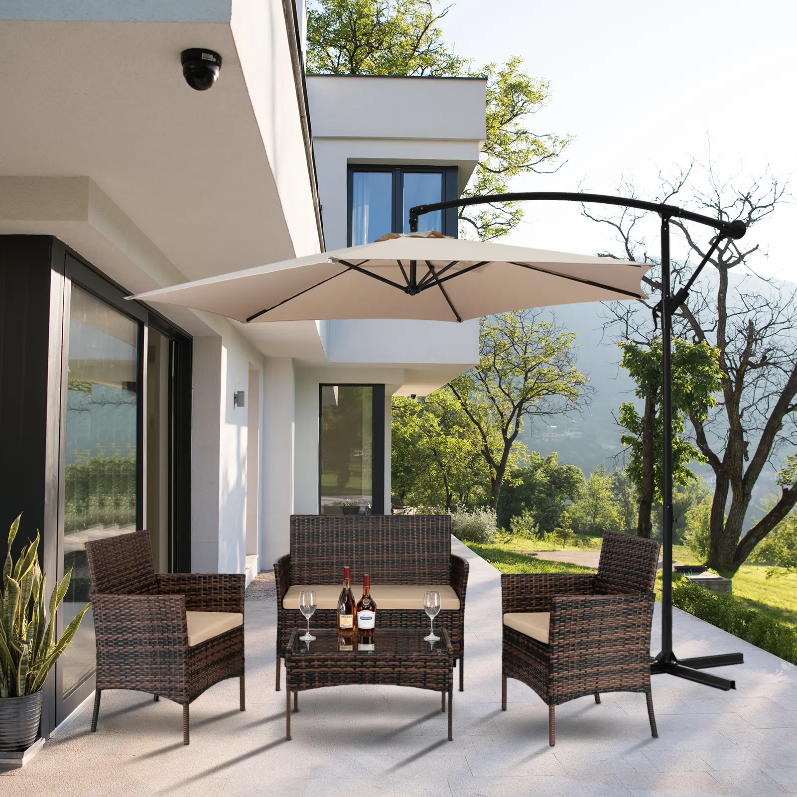 2+1 Rattan Sofa Set with Coffee Table - 2 Arm Chairs & Love Seat, Brown Gradient, Tempered Glass Top for Patio/Living Room