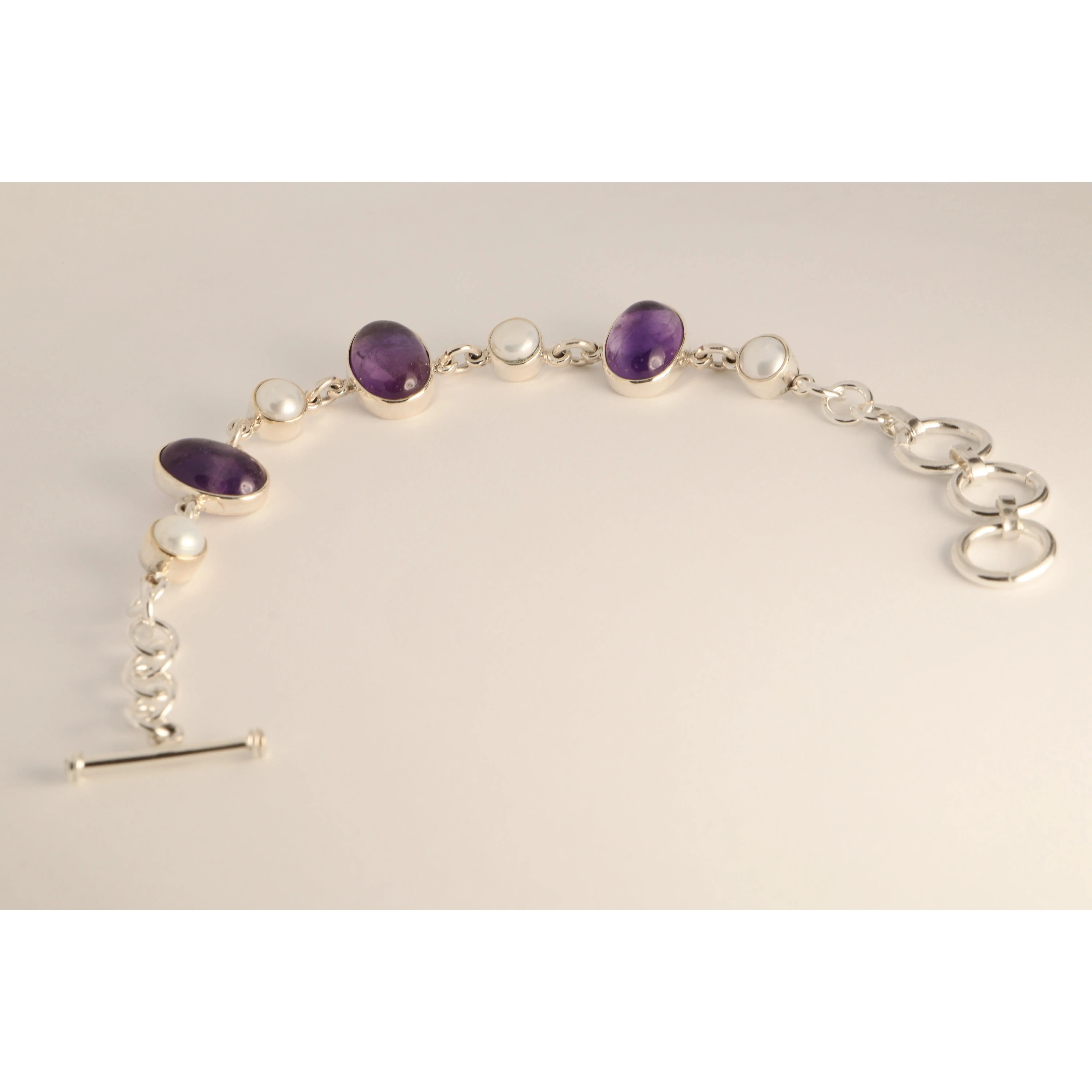 Celestial Harmony - Handcrafted Amethyst and Cultured Pearl 925 Silver Bracelet