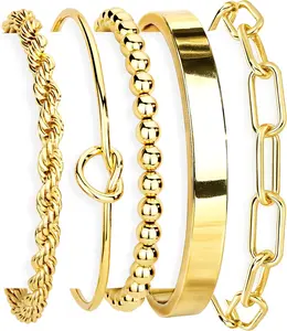 Mothers Day Gift Gold Bracelets Set for Women Non Tarnish, Waterproof 14K Gold Plated Sterling Silver Chunky Cuff Bracelet Stackable Gold Bangles Bracelet for Women Trendy Fashion Accessories Tie Knot Cuban Rope Paperclip Beaded Bracelet