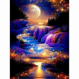 5D Full Drill Diamond Painting Kit - Enchanted Glowing Waterfall with Moonlit Starry River, Round Acrylic Diamonds, Magical Nature Themed DIY Art for Home Wall Decor, Ideal Gift for Fantasy & Craft Enthusiasts