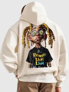 Men's Cartoon Figure Print Drop Shoulder Hoodie, Fashion Casual Regular Fit Drawstring Pocket Hooded Sweatshirt for Daily Holiday Outdoor Wear, Men Clothes for Fall & Winter, Cute Funny Sweatshirt