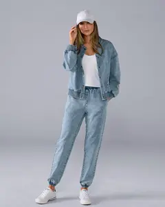 Denim Wash Bomber Jacket and Jogger Set Blue