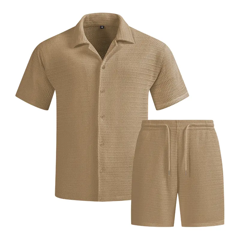 Men's lightweight casual set: waffle short-sleeve shirt with Cuban collar and shorts
