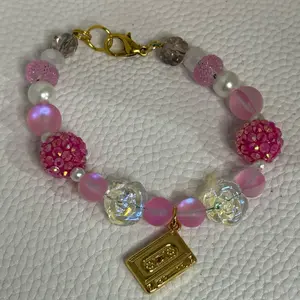 Handmade Gold Cassette Charm Bracelet with Pink Beads, Fine Gold Jewelry Accessory for Women