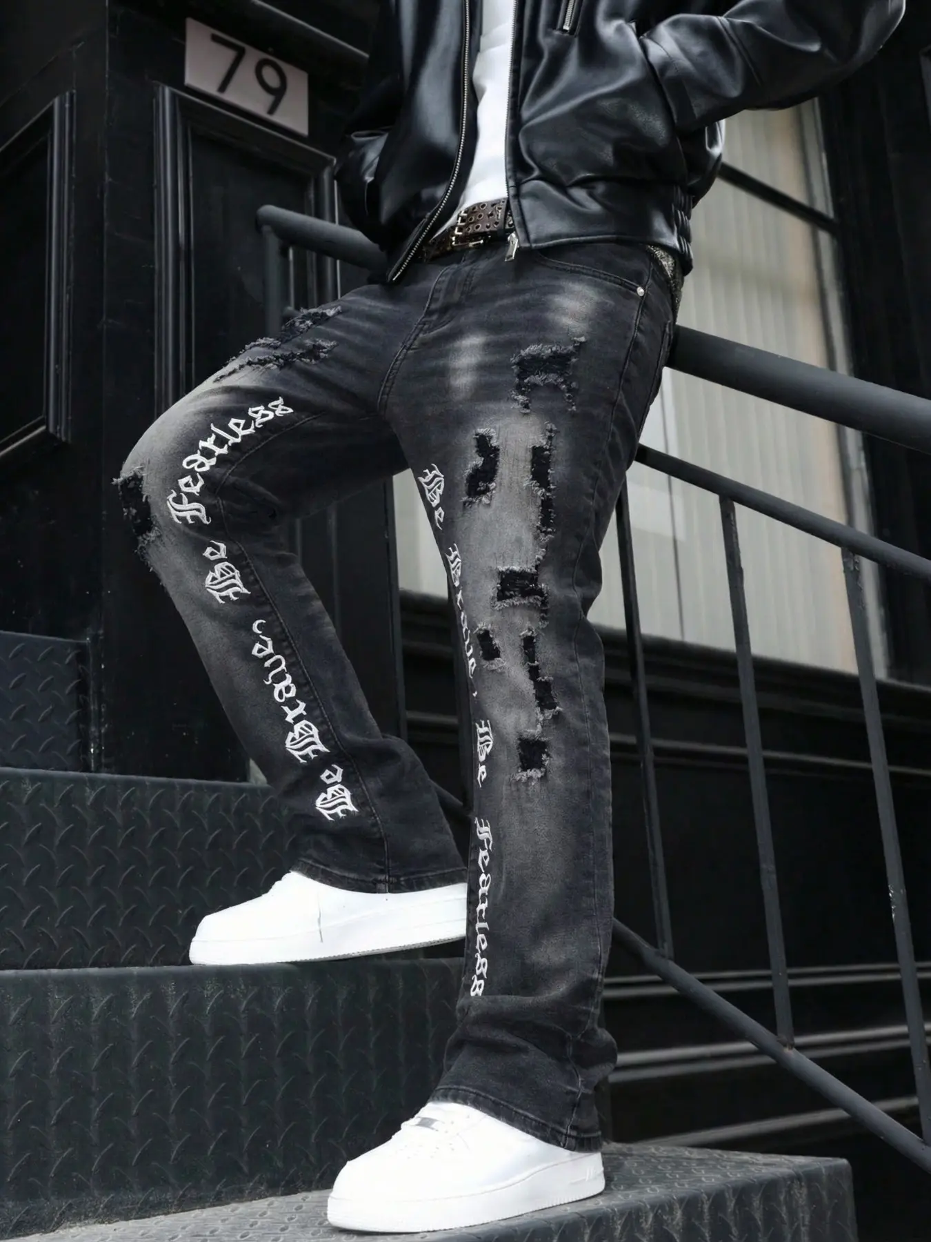 Men's All-Season Washed Big Ripped Skinny Jeans, Gothic Letter Embroidery Streetwear Hip-Hop Pants, Loose-Fitting Denim Long Trousers