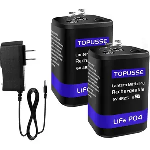Rechargeable 6 Volt 4.5AH LiFePO4 Lantern Battery with Charger 1500+ Cycles 6V Battery with BMS (Spring Terminals) 2 Pack