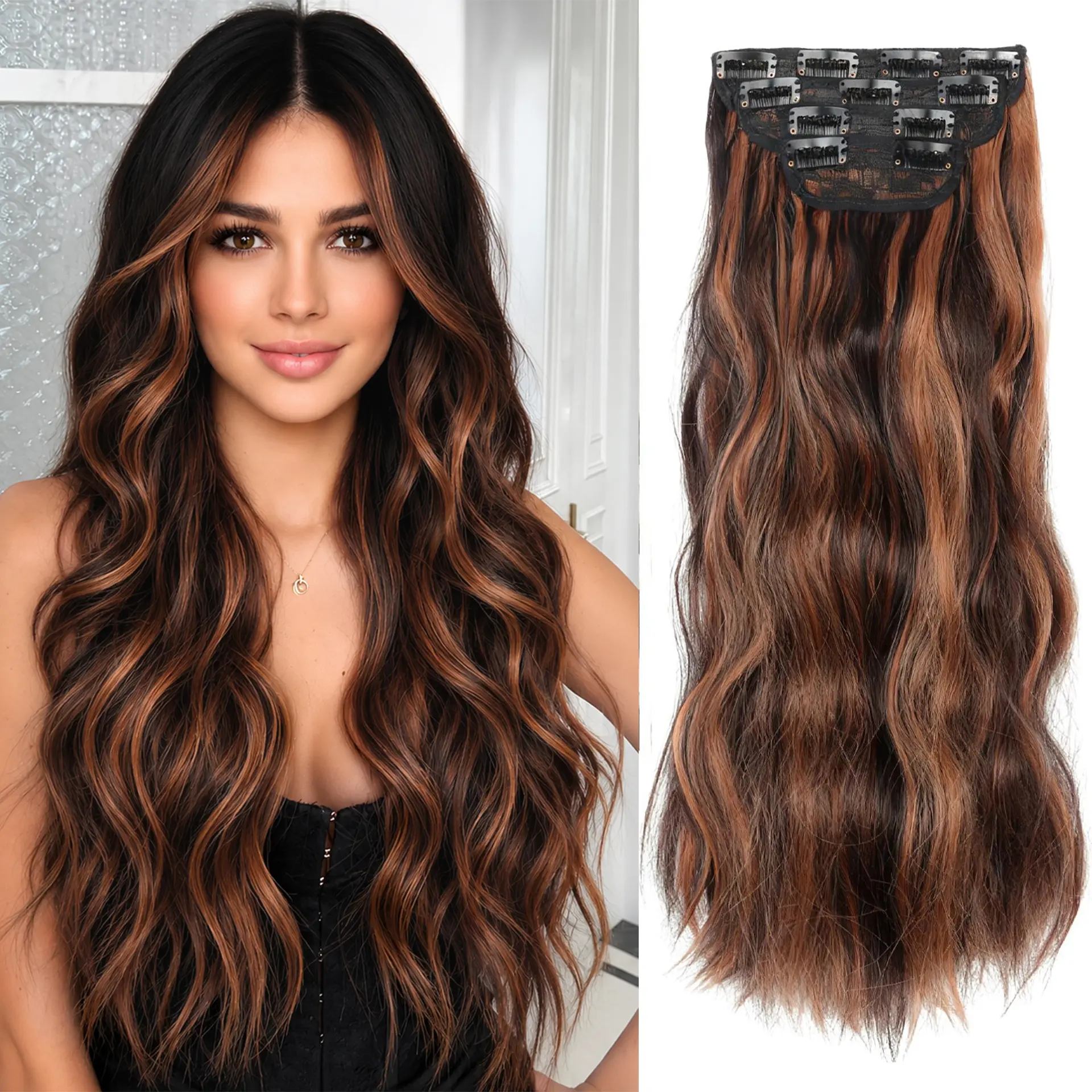 Clip in Hair Extensions for Women 20 Inch 4PCS Hairpieces Long Wavy Soft Synthetic Hairpieces Hair Extensions clip ins day comfort thick double weft