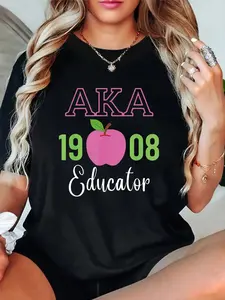 Aka 1908 Letter Print Round Neck Short Sleeve T-Shirt For Women Casual, Summer , Women Top Graphic Tees Women Tops