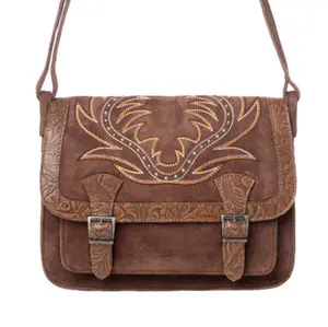 Amberwood Suede Leather Boot Embroidered Leather Bag in Chestnut Brown by Myra
