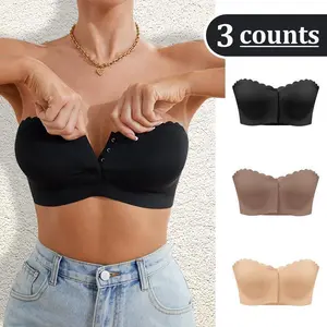Women's Pack Strapless Front Closure Bras Full Coverage Wireless Jelly Bralette for Daily Wedding Wear Breathable Solid Color Stylish Comfortable Stretchy Fabrics Non-Slip Silicone Bandeau Womenwear Bridal Basic Minimalist All Seasons 3 Counts
