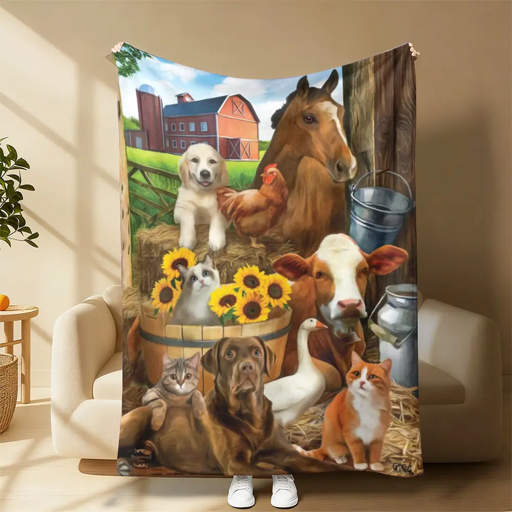 Throw Blanket, Flannel Fleece Lap Blanket with Barnyard Farm Animals Horse Cow Dog Cat Chicken Duck Sunflower Print, Multi Use Blanket for Bed Sofa Couch Indoor Outdoor Camping, Decor All Season Birthday Gift Blanket for Farmhouse Rustic Animal Lovers