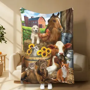 Throw Blanket, Flannel Fleece Lap Blanket with Barnyard Farm Animals Horse Cow Dog Cat Chicken Duck Sunflower Print, Multi Use Blanket for Bed Sofa Couch Indoor Outdoor Camping, Decor All Season Birthday Gift Blanket for Farmhouse Rustic Animal Lovers