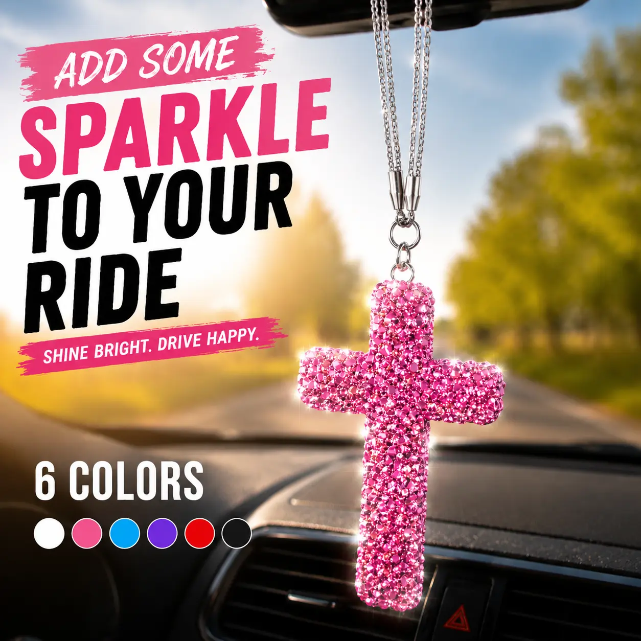 Rhinestone Cross Car Charm, Bling Crystal Rear View Mirror Hanging Ornament, Sparkling Cross Pendant Car Accessories, Luxury Car Interior Decor Gift