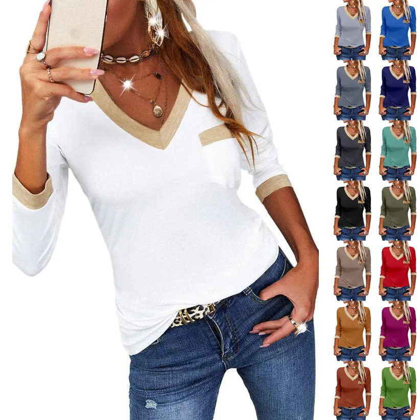 Goranbon Womens Long Sleeve T Shirts Casual V Neck Color Block Tunic Tops Loose Basic Top