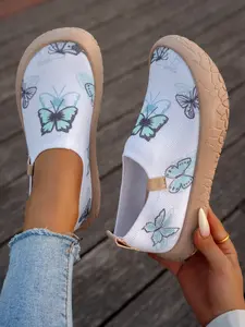 Women's Breathable Knit Slip-On Casual Shoes - Lightweight Thick Sole Walking Flats with Butterfly Print for Daily Commute, Outdoor Walks and Casual Streetwear
