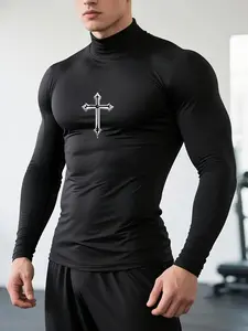 Men's Long Sleeve Turtleneck Shirt - Workout Top with Gothic Cross Logo, Athletic Shirt for Gym Training, Fitness, Bodybuilding, Streetwear, Black Mock Neck Muscle Support Tee for Men