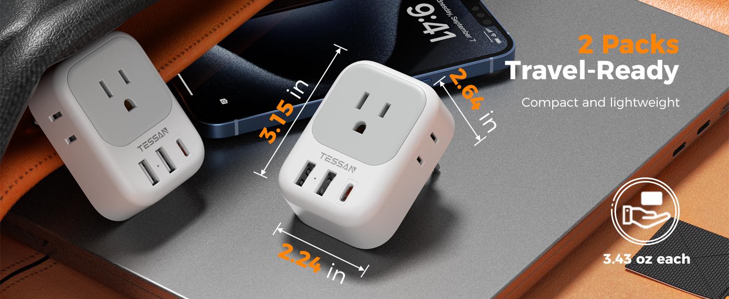 TESSAN Rectangle Universal Socket Travel Plug Adapter - Multiple Outlet Wall Plug, 4 AC Outlets, 3 USB Ports (1 USB-C), 100-250V, for Europe, UK, Australia
