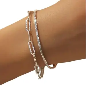 2pcs Set S925 Sterling Silver Necklace Bracelet Paperclip Chain Multi Layer Design Match Daily Outfits Perfect Party Wedding Party Gift Accessories