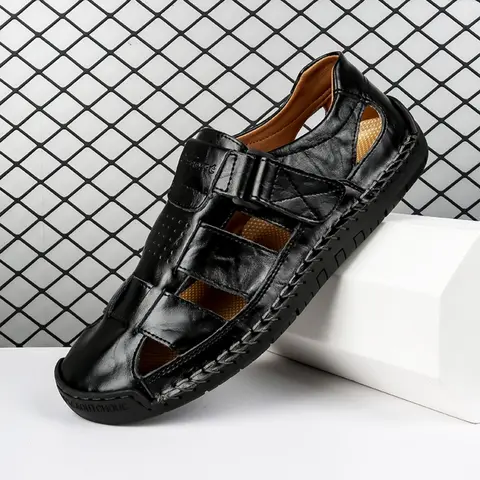 New Summer Artificial Leather Roman Men's Sandals, PU Sandals, Business Casual Outdoor Beach Water Shoes, Large Size 39-48, Round Toe Flatform Heel, Footwear