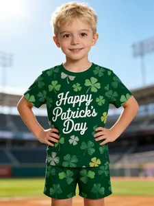 Boys' St. Patrick's Day Short Set - "Happy Patrick's Day" Clover Print Tee & Shorts Outfit