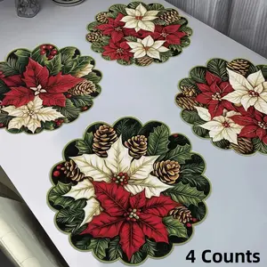 4 Counts Winter floral and pine cone patterned circular wave placemat, winter decorative placemat, non slip fabric placemat, Kitchen decorative placemat, heat-resistant, winter restaurant and party decoration