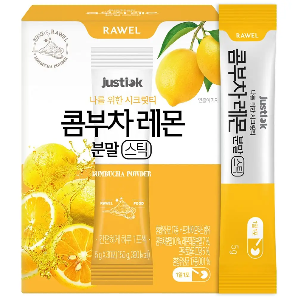 RAWEL Kombucha Powder(5g x 30packs) \/ Lemon Powdered Drink Mix with Prebiotics\/Fermented Drink Tea Powder\/Support gut health and immunity (Lemon)