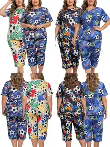 Women's Plus Size 2-Pack Soccer Print Pajama Set - Short-Sleeve Loose Smooth Floral Fabrics Comfy Nightwear with Flattering Fit for Football Fans