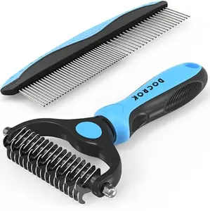 Blue Deshedding Brush with Metal Comb for Cats and Dogs - Effective for Detangling and Dematting Long, Matted Fur
