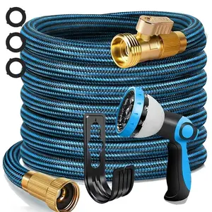 This 30-meter garden hose is a flexible, tangle-free hose with 10 spray nozzles. It's lightweight, leak-proof, features a 3/4-inch swivel connector, is made of durable material, and includes a convenient tie-down strap