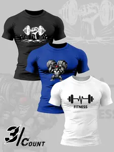 Men's 3-piece round neck short sleeved T-shirt, dumbbell fitness pattern printed clothing, loose and slightly elastic fabric, breathable sports and leisure clothing, daily commuting city street layering fashion fitness style slim fit fitness daily T-shirt