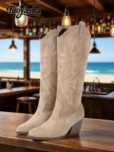 Embroidered Western Cowboy Boots, Vintage Embroidery Pattern, Wedge Heel, Slip-On Anti-Slip V-Neck Suede Pointed Toe Boots