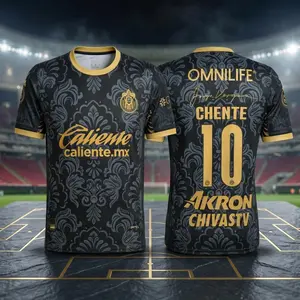 Print Full 3D Chivas Black Soccer Jersey, Black Fan Version, Short Sleeve, Quick-Dry Football Shirt, Liga MX Fans Jersey